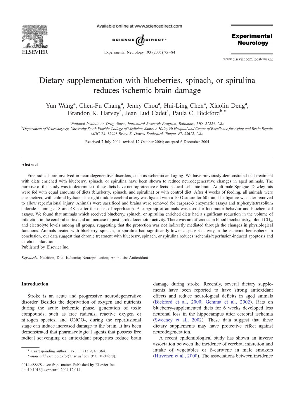 Dietary Supplementation with Blueberries, Spinach, Or Spirulina Reduces Ischemic Brain Damage