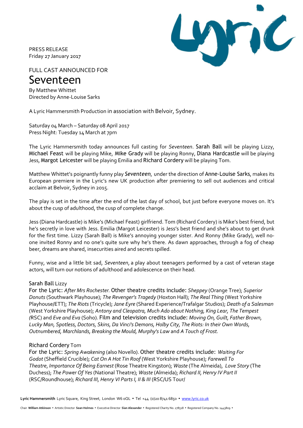 Lyric Hammersmith Press Release