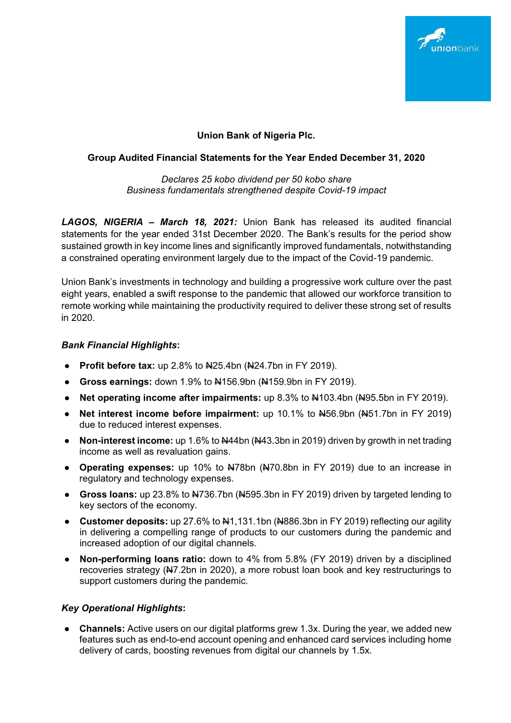 Union Bank of Nigeria Plc. Group Audited Financial Statements For