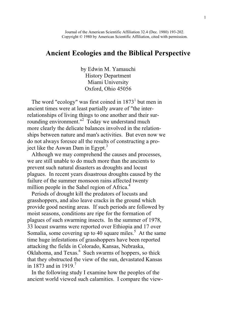 Ancient Ecologies and the Biblical Perspective