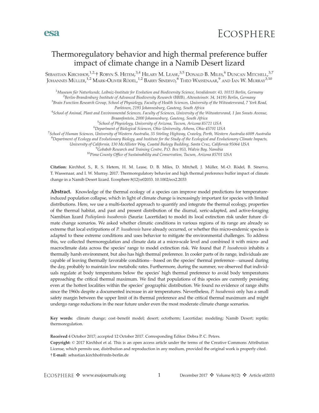 Thermoregulatory Behavior and High Thermal Preference Buffer Impact of Climate Change in a Namib Desert Lizard 1,2, 3,4 3,5 6 3,7 SEBASTIAN KIRCHHOF, ROBYN S