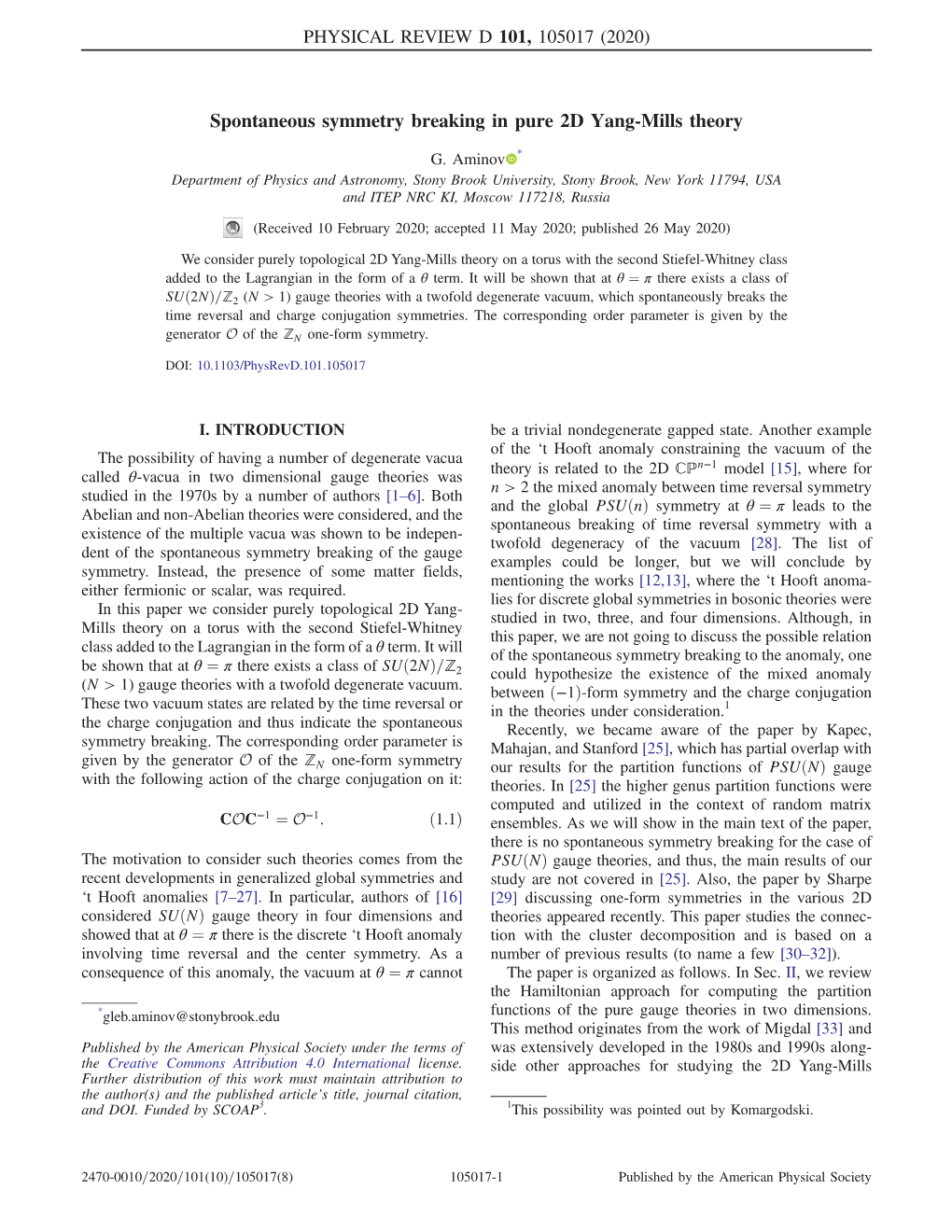 Spontaneous Symmetry Breaking in Pure 2D Yang-Mills Theory