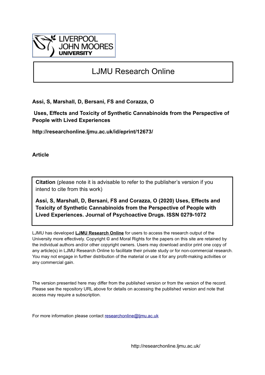 Uses, Effects and Toxicity of Synthetic Cannabinoids from the Perspective of People with Lived Experiences