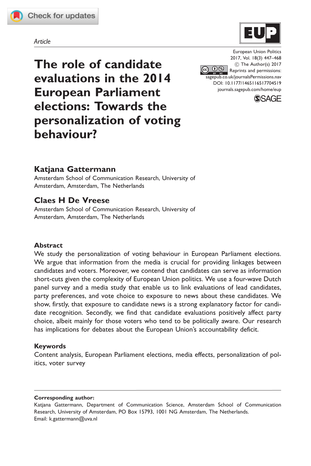 The Role of Candidate Evaluations in the 2014 European Parliament