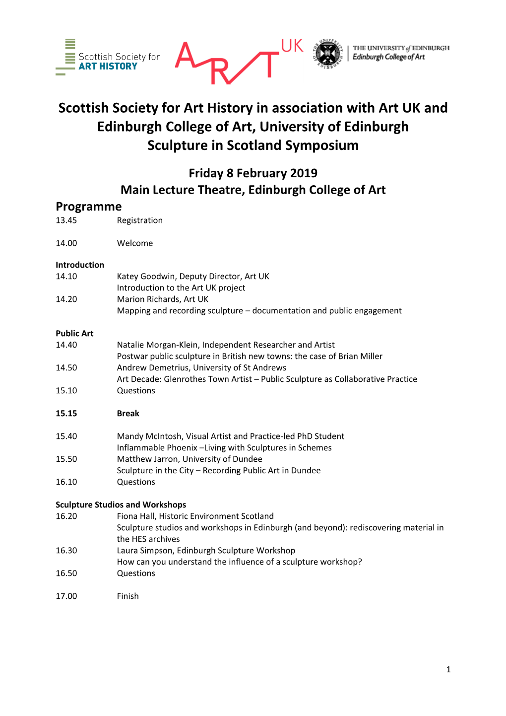 Scottish Society for Art History in Association with Art UK and Edinburgh College of Art, University of Edinburgh Sculpture in Scotland Symposium