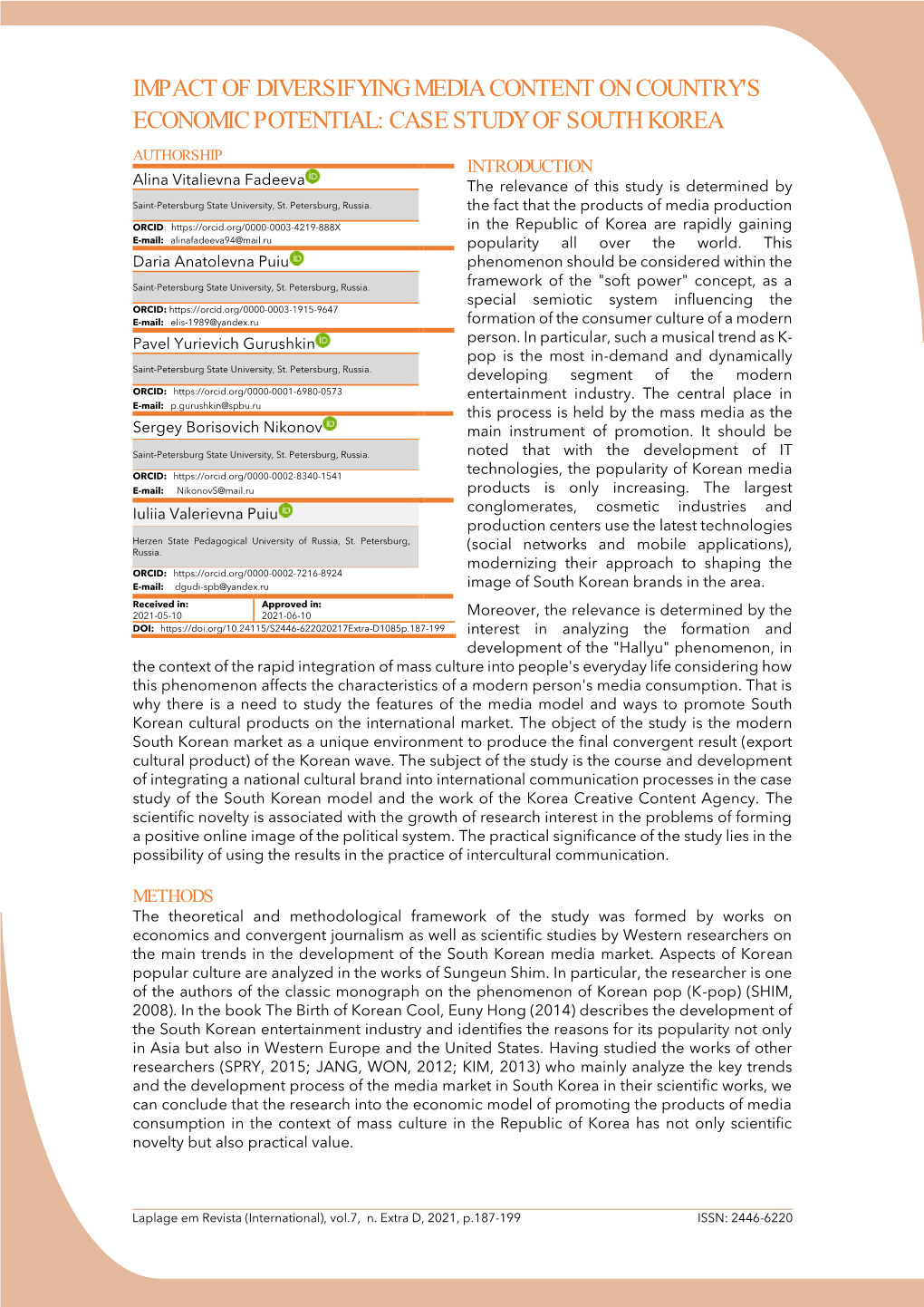 Impact of Diversifying Media Content on Country's Economic Potential: Case Study of South Korea Authorship Introduction