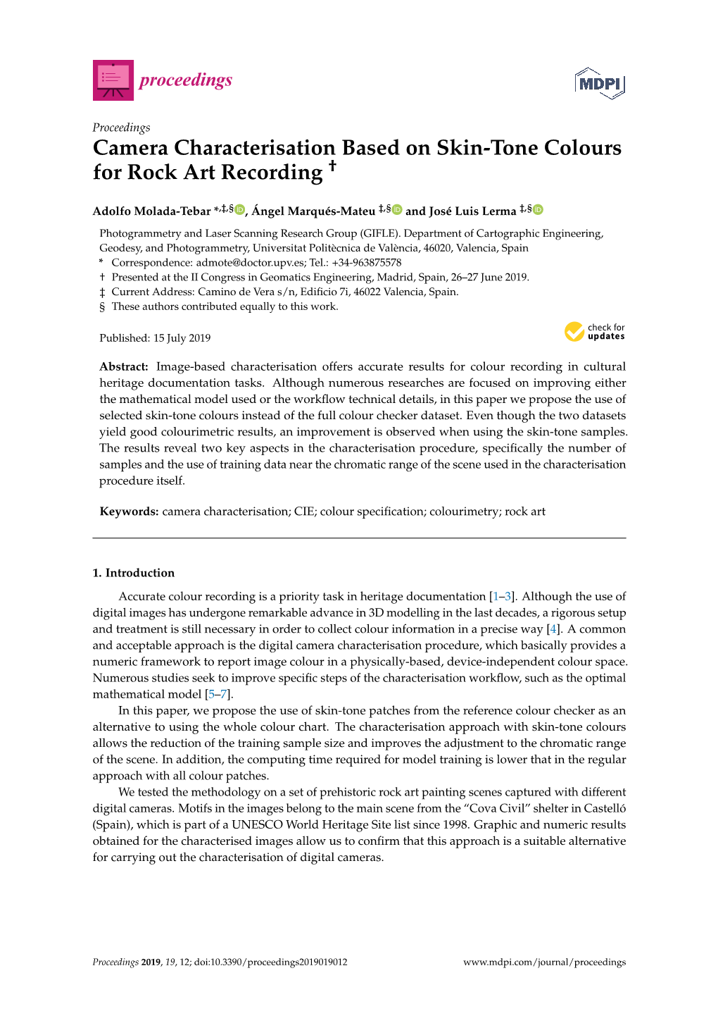 Camera Characterisation Based on Skin-Tone Colours for Rock Art Recording †