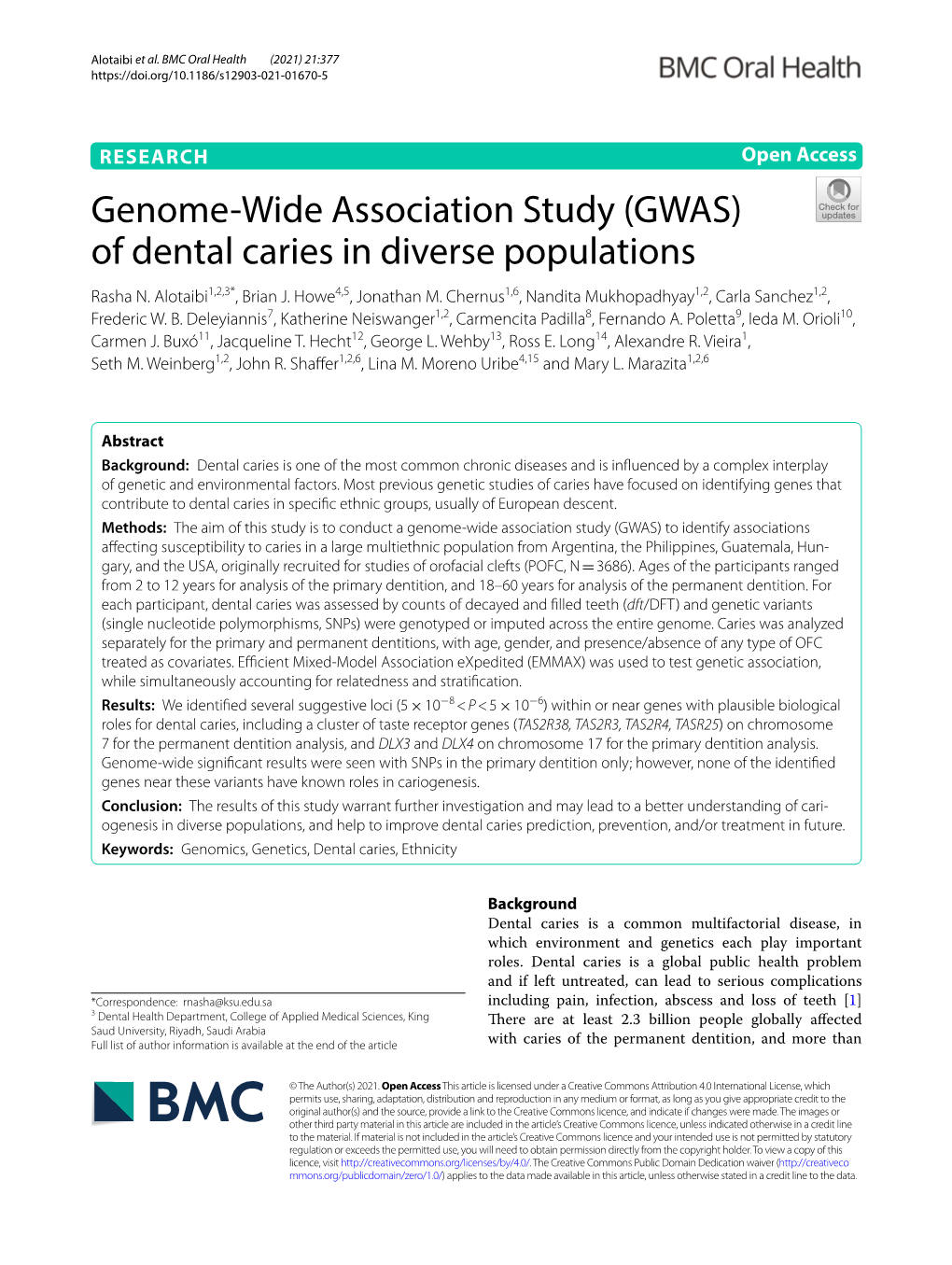 Genome-Wide Association Study (GWAS) of Dental Caries in Diverse