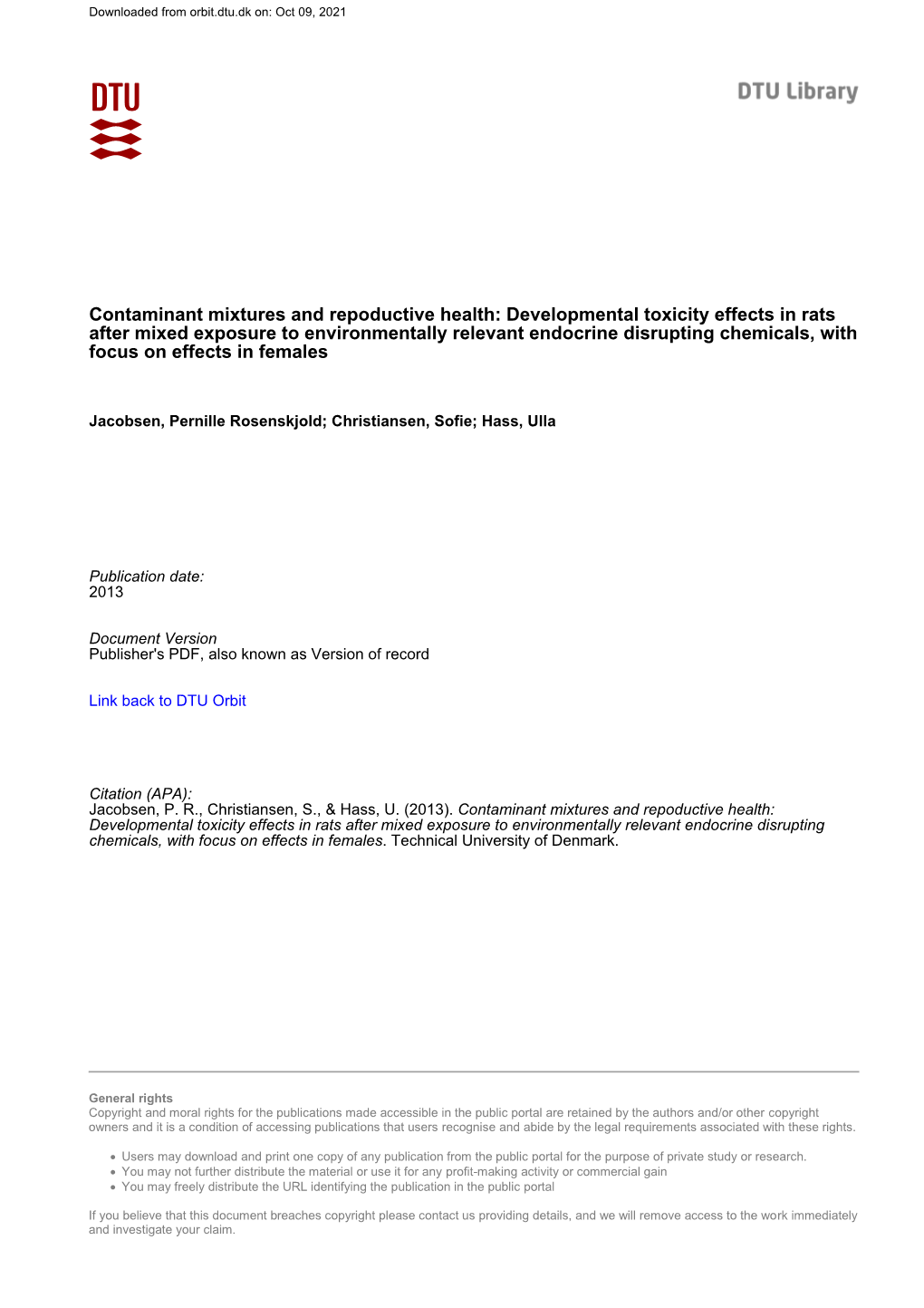 Developmental Toxicity Effects in Rats After Mixed Exposure to Environmentally Relevant Endocrine Disrupting Chemicals, with Focus on Effects in Females