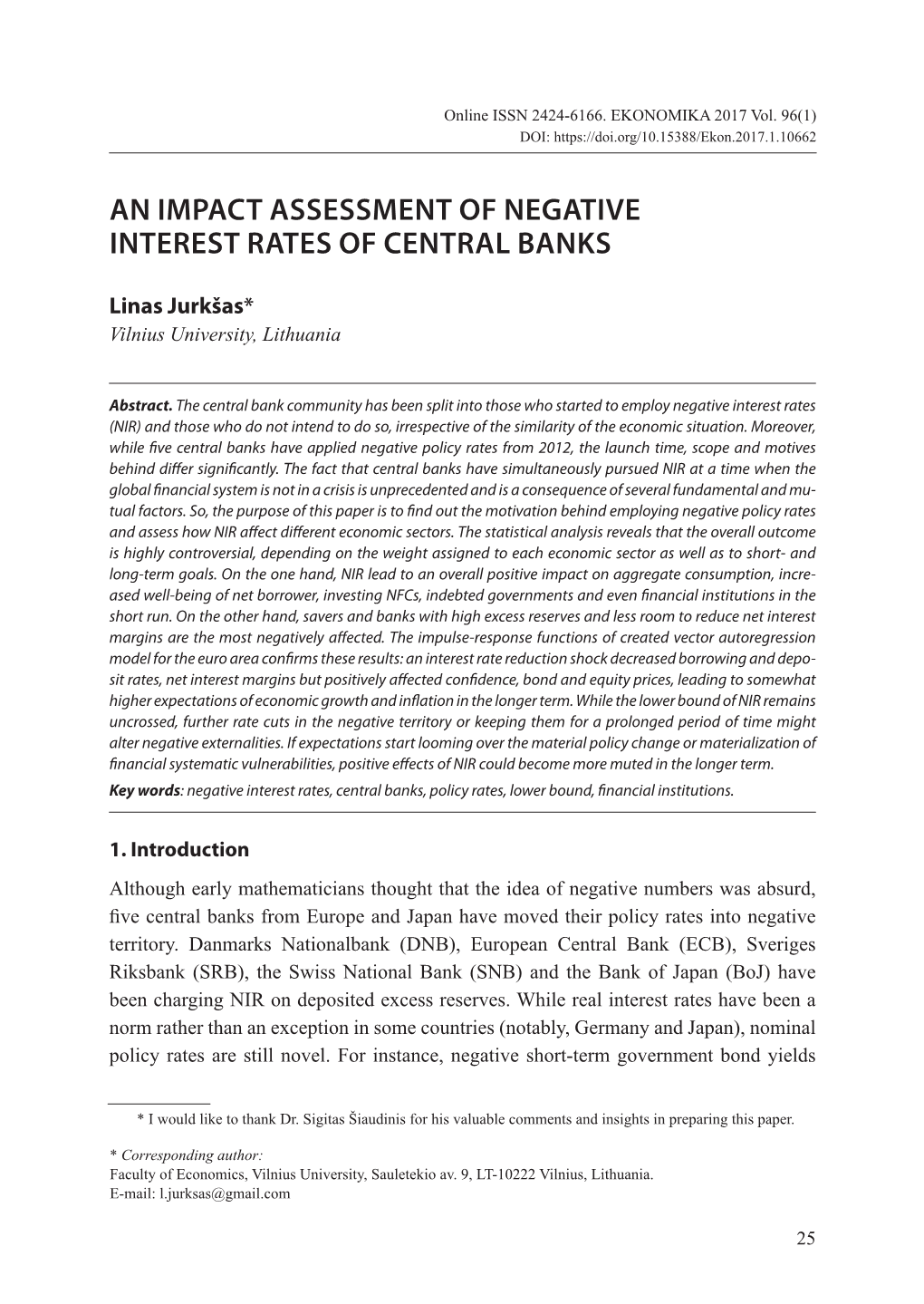 An Impact Assessment of Negative Interest Rates of Central Banks