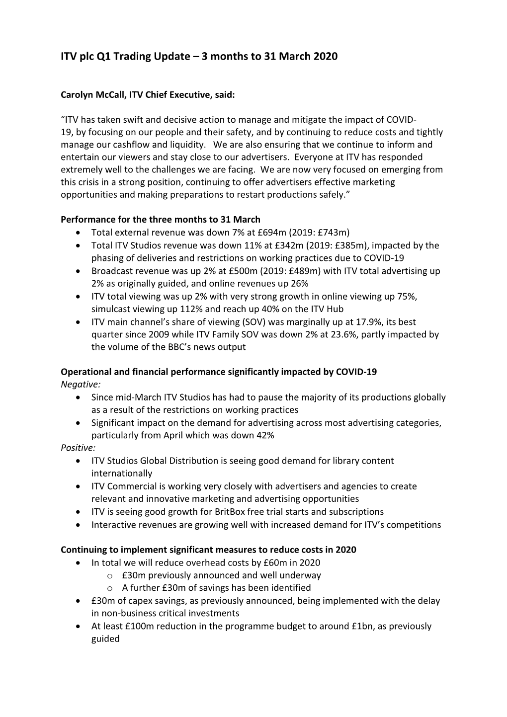 ITV Plc Q1 Trading Update – 3 Months to 31 March 2020