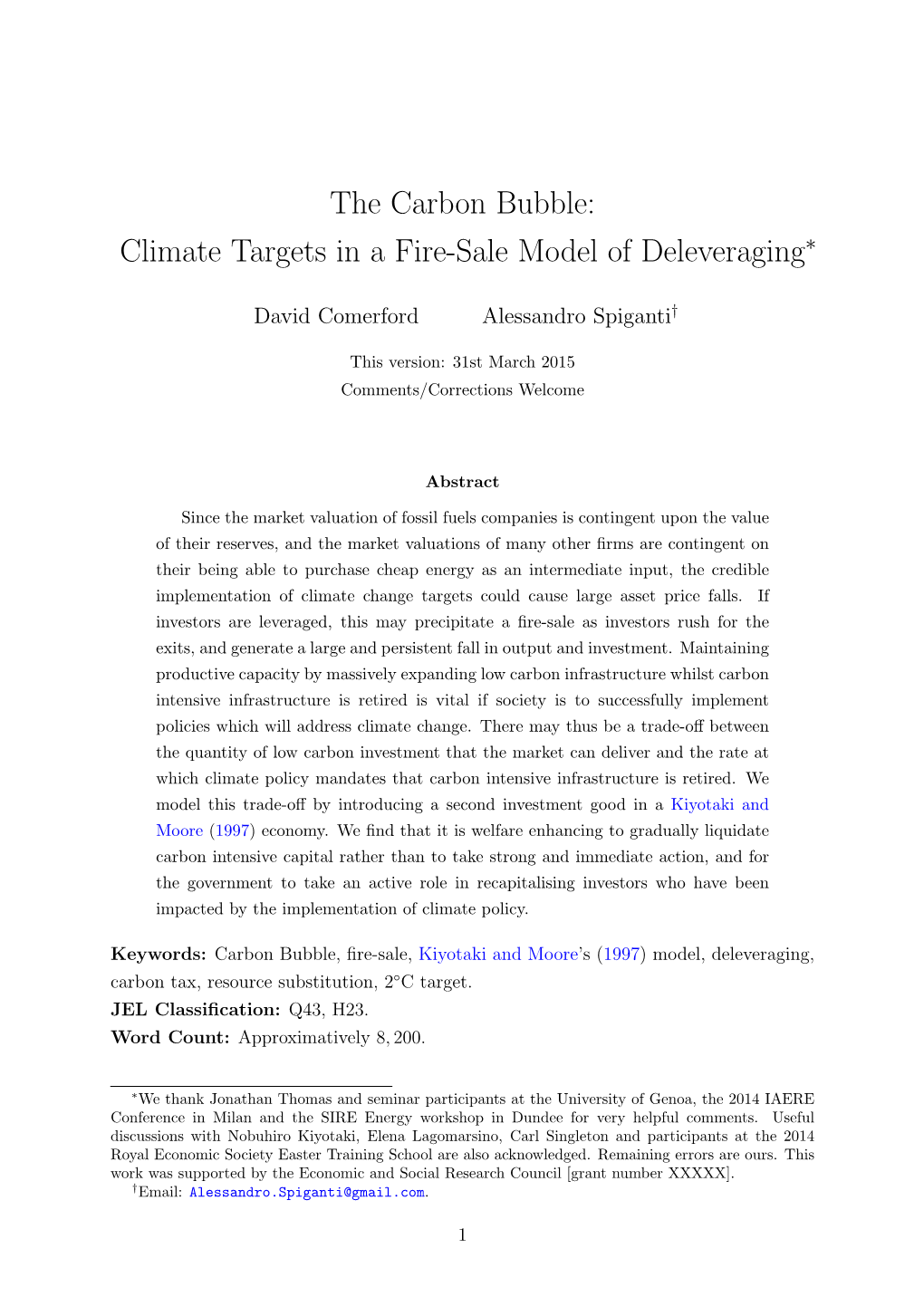 The Carbon Bubble: Climate Targets in a Fire-Sale Model of Deleveraging∗