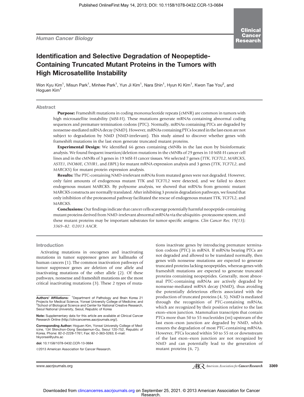 Containing Truncated Mutant Proteins in the Tumors with High Microsatellite Instability