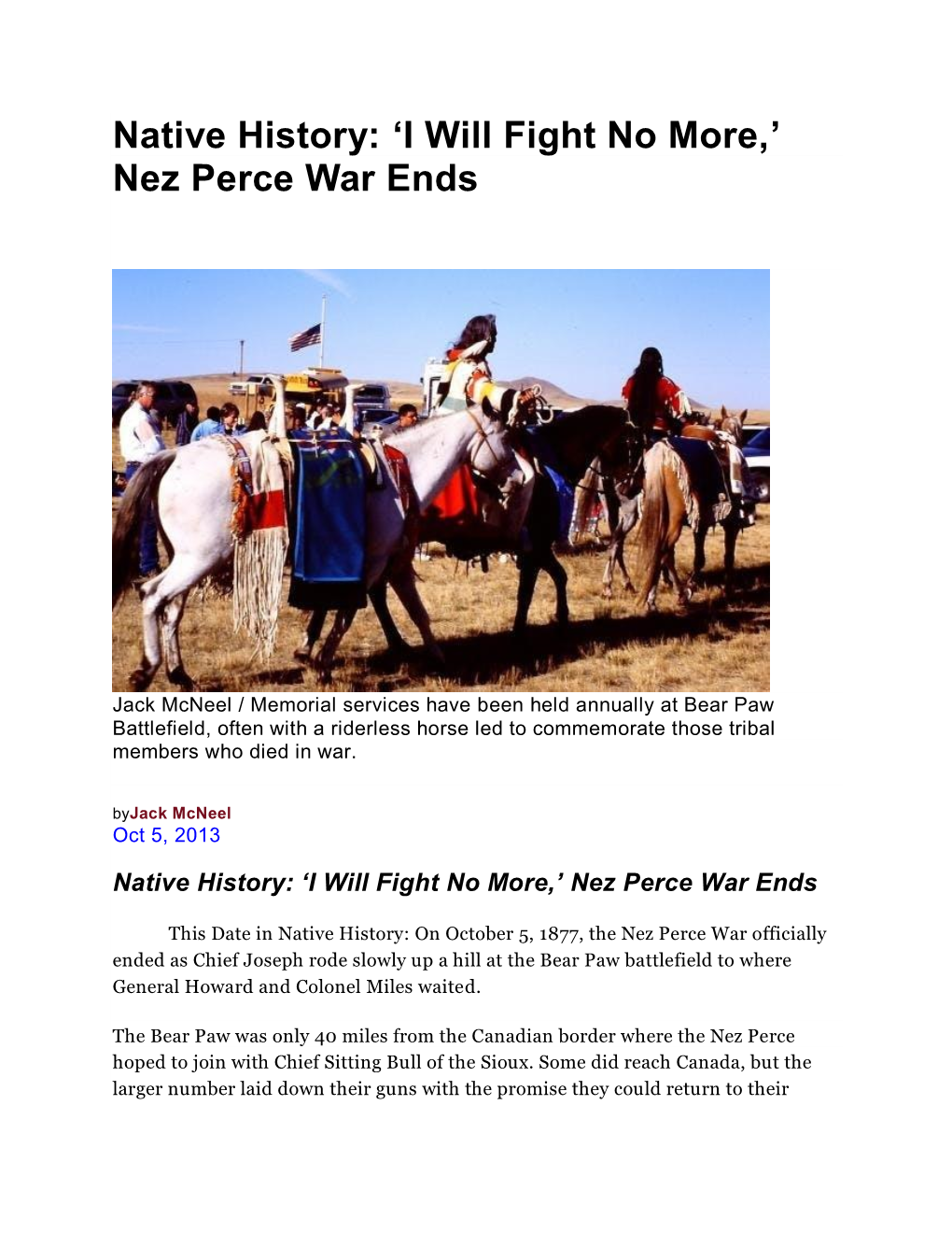 Native History: ‘I Will Fight No More,’ Nez Perce War Ends