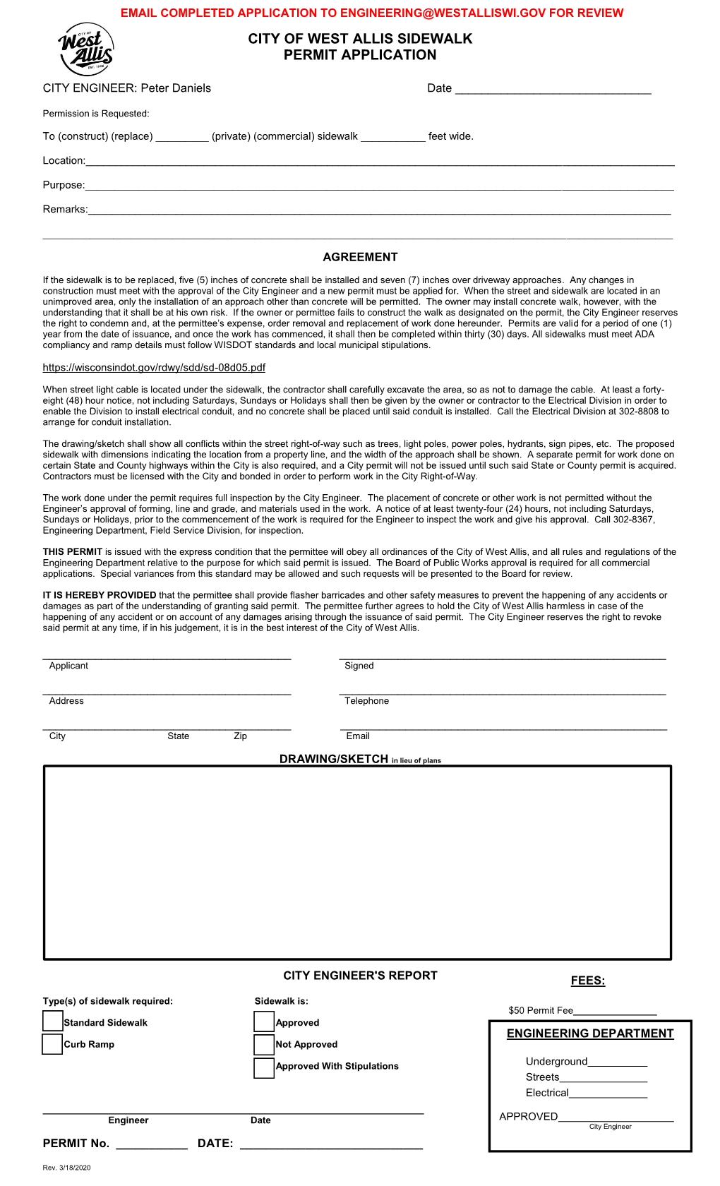 City of West Allis Sidewalk Permit Application