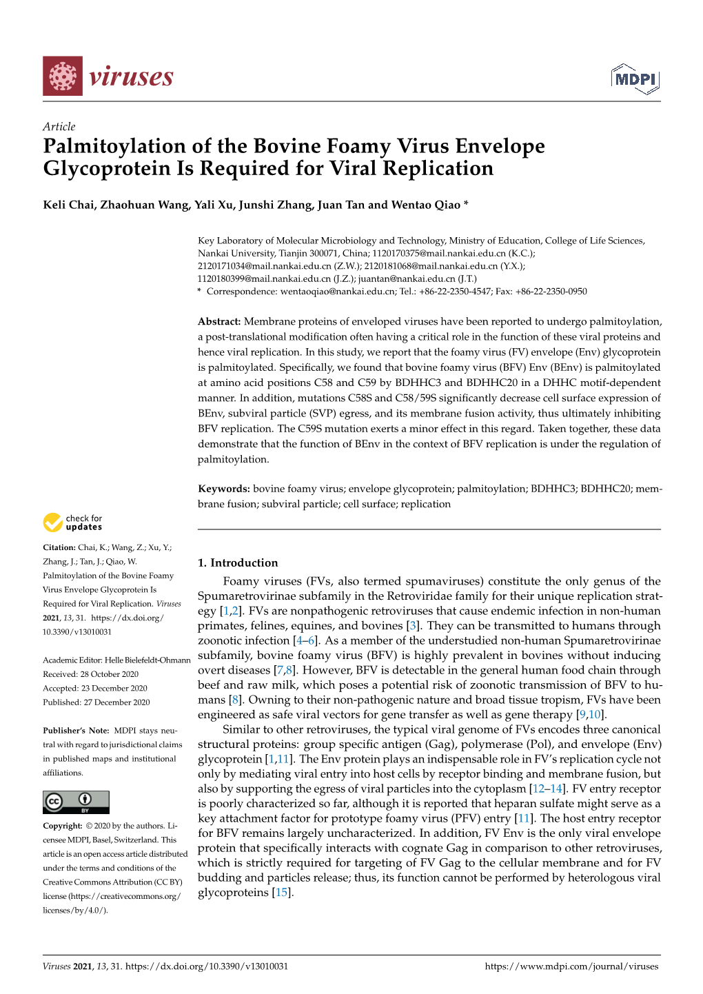 Palmitoylation of the Bovine Foamy Virus Envelope Glycoprotein Is Required for Viral Replication