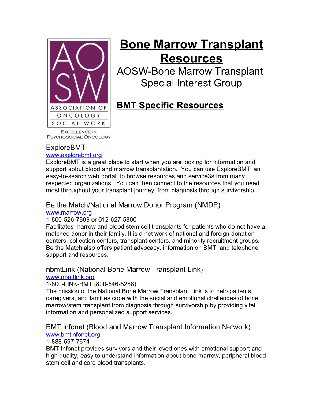 Bone Marrow Transplant Resources