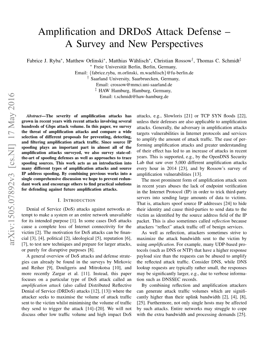 Amplification and Drdos Attack Defense – a Survey and New Perspectives