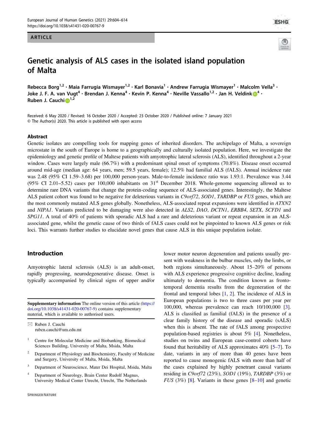 Genetic Analysis of ALS Cases in the Isolated Island Population of Malta