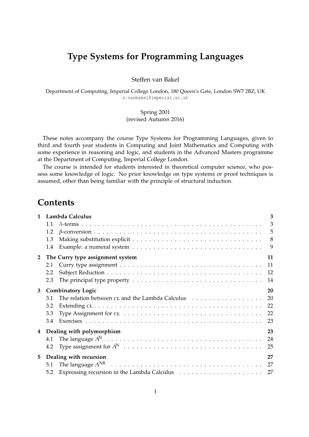 Type Systems for Programming Languages Contents