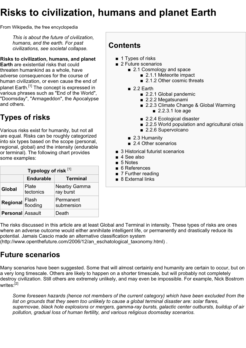 Risks to Civilization, Humans and Planet Earth