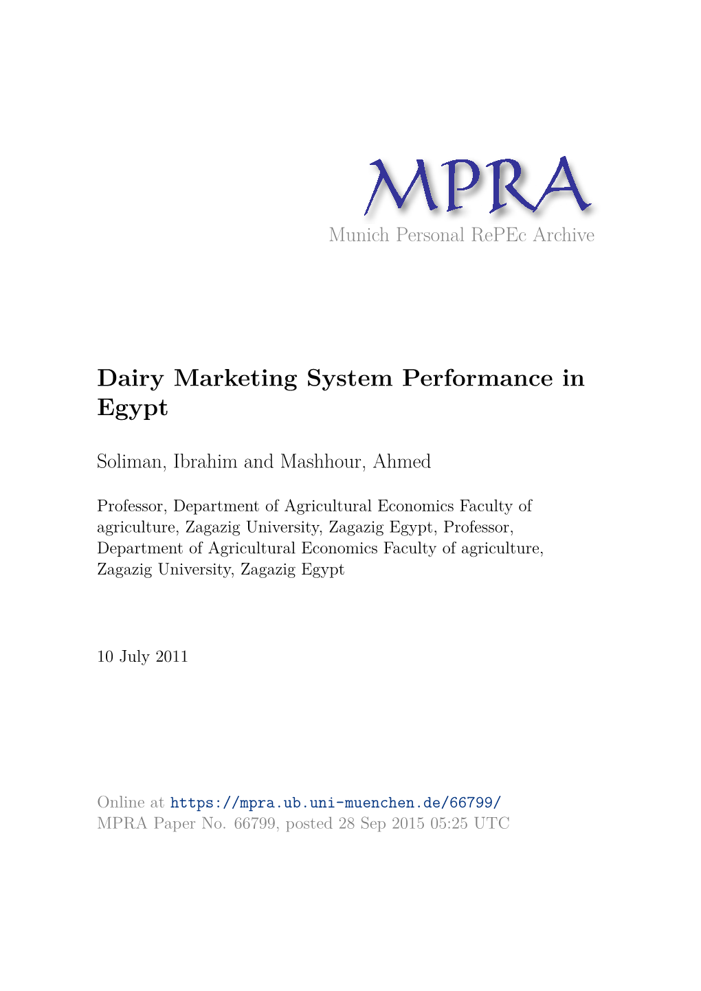 Dairy Marketing System Performance in Egypt