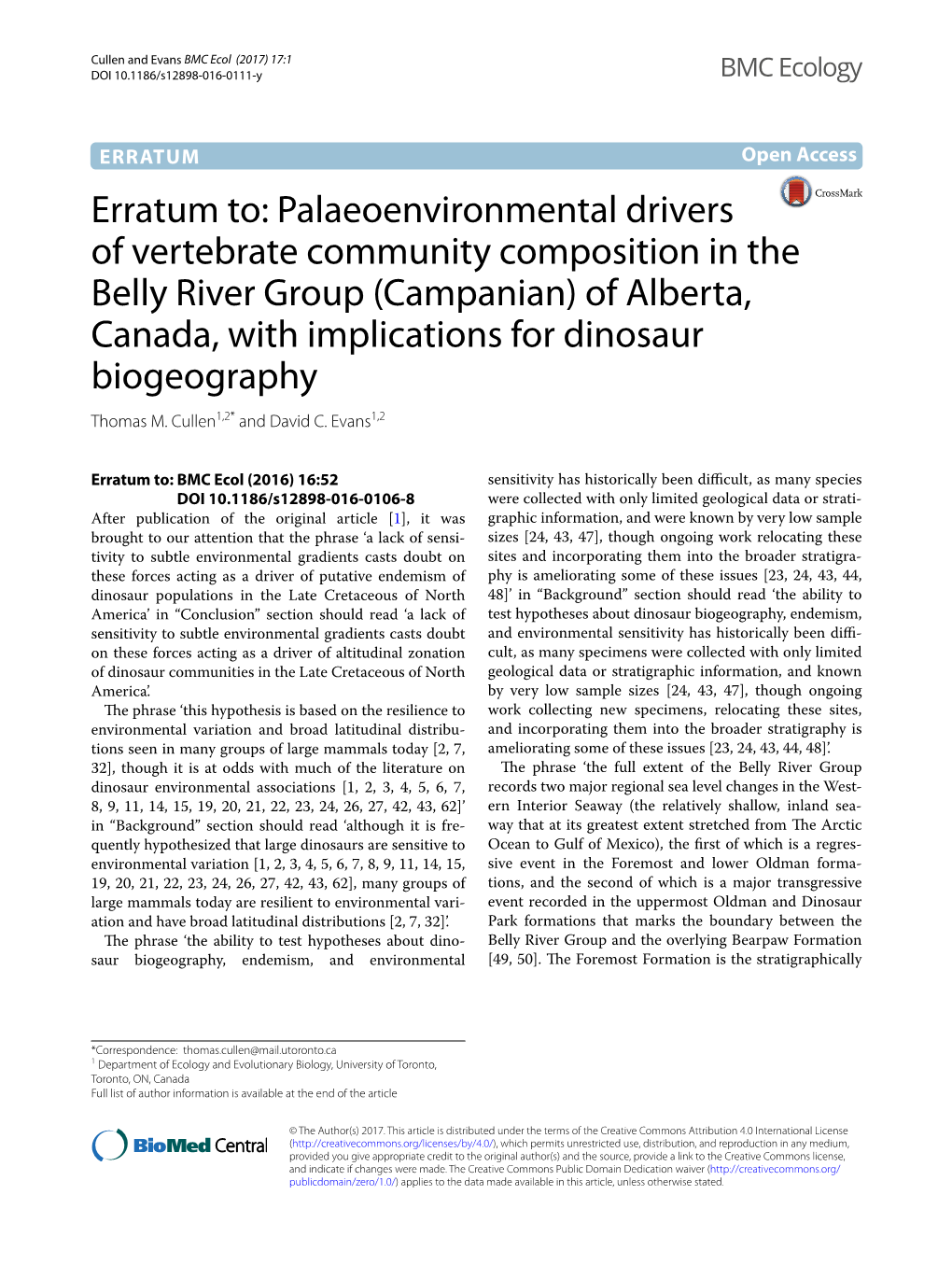 Erratum To: Palaeoenvironmental Drivers of Vertebrate Community Composition in the Belly River Group (Campanian) of Alberta