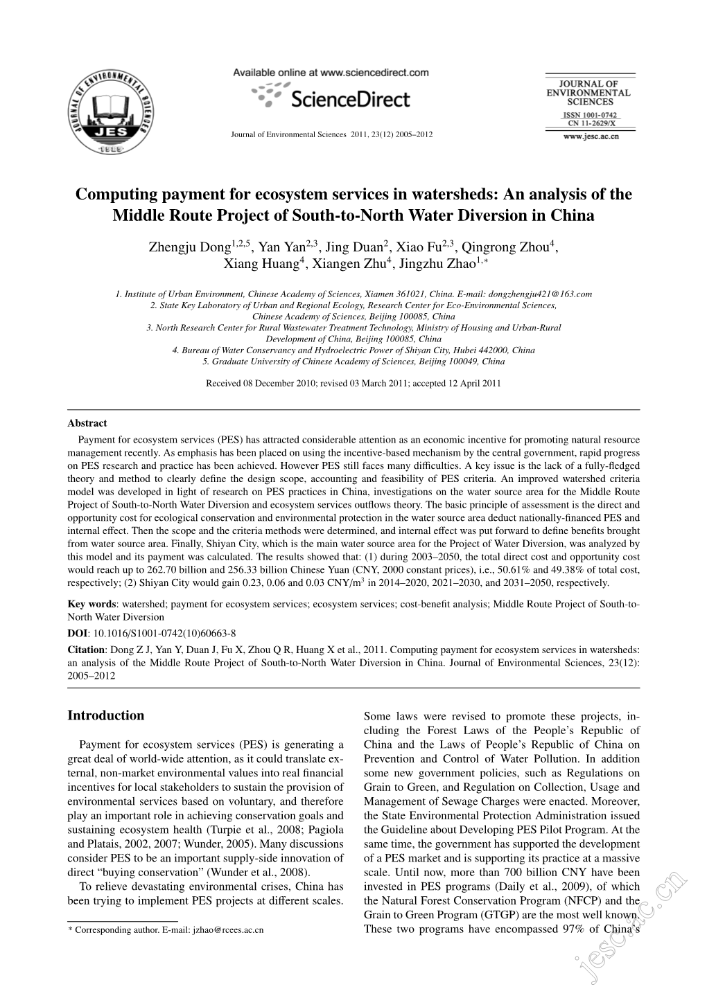 Jesc.Ac.Cn 2006 Journal of Environmental Sciences 2011, 23(12) 2005–2012 / Zhengju Dong Et Al