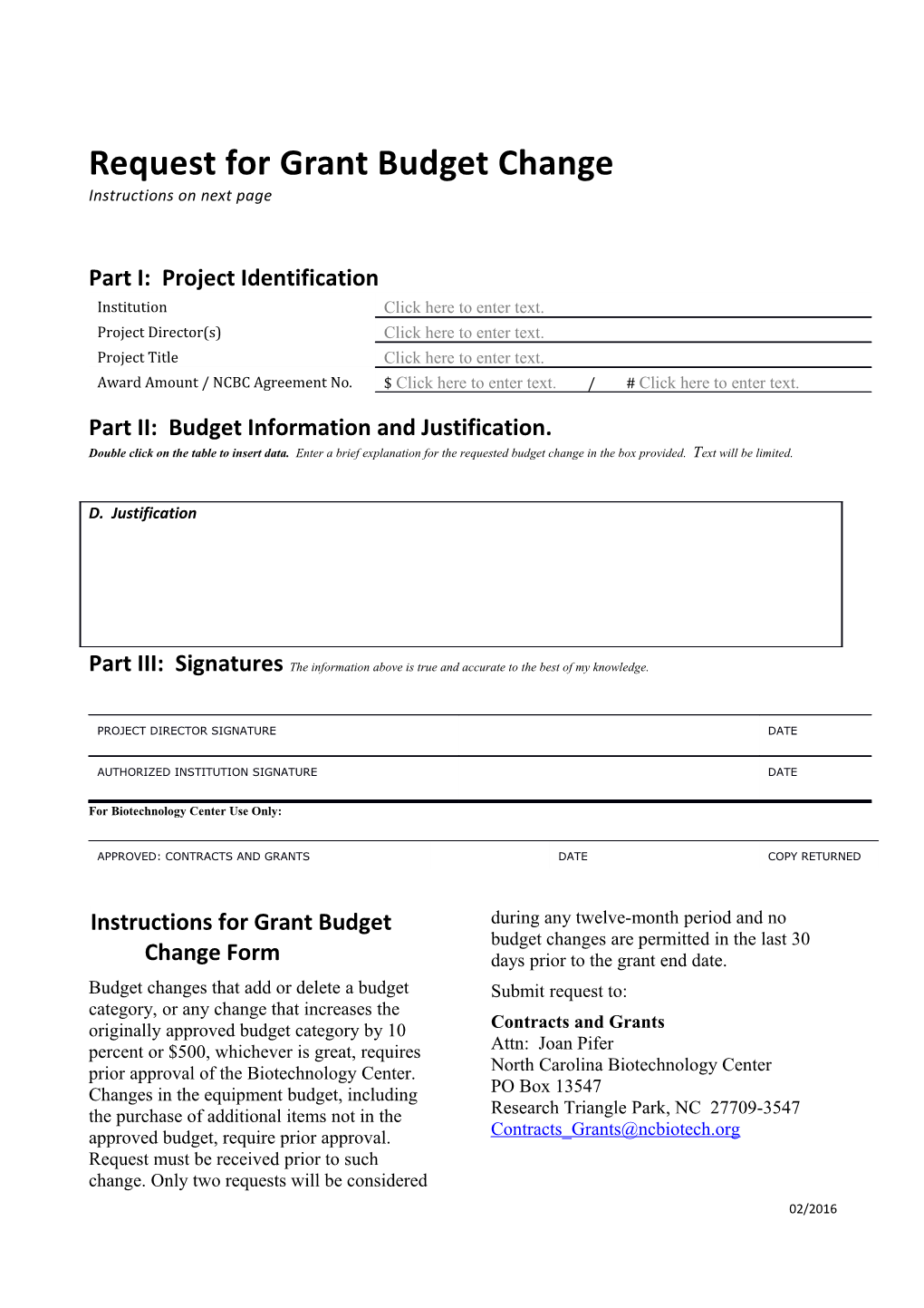 Request for Grant Budget Change