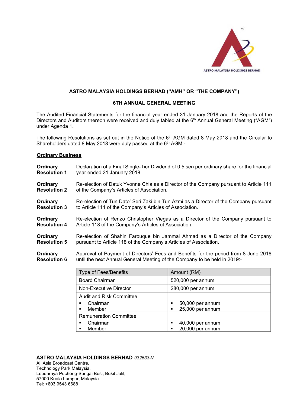 Astro Malaysia Holdings Berhad (“Amh” Or “The Company”)