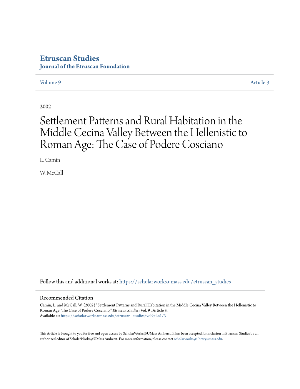 Settlement Patterns and Rural Habitation in the Middle Cecina Valley Between the Hellenistic to Roman Age: the Ac Se of Podere Cosciano L
