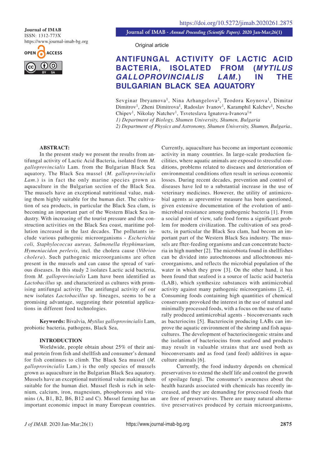 Antifungal Activity of Lactic Acid Bacteria, Isolated from (Mytilus Galloprovincialis Lam.) in the Bulgarian Black Sea Aquatory