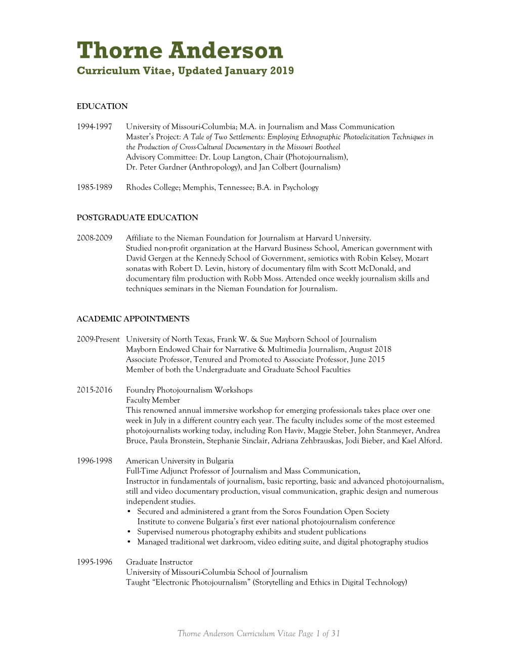 Thorne Anderson Curriculum Vitae, Updated January 2019