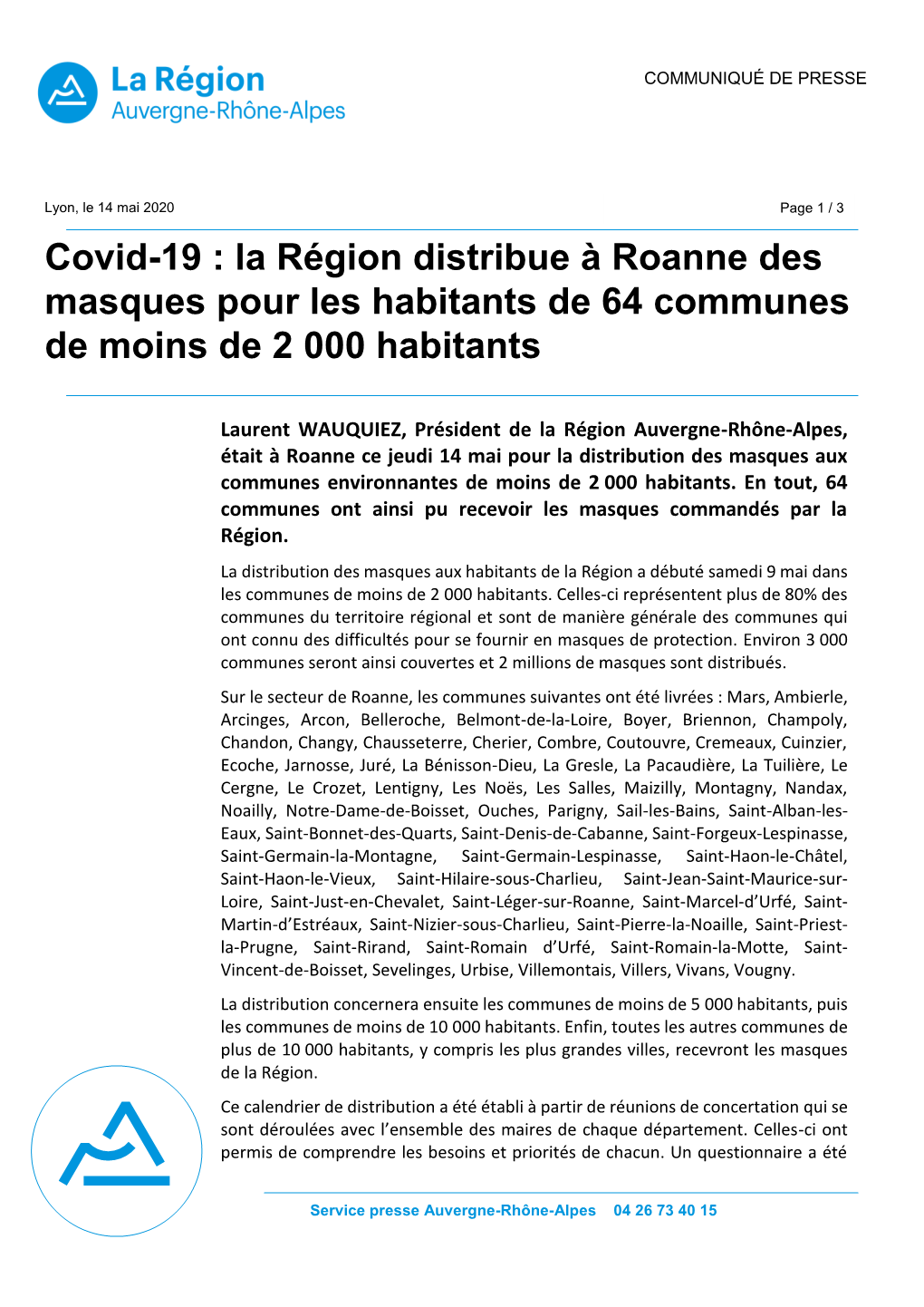 La Région Distribue À Roanne Des Masques Pour Les Habitants De 64 Communes De Moins De 2 000 Habitants