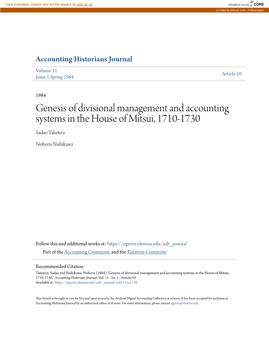 Genesis of Divisional Management and Accounting Systems in the House of Mitsui, 1710-1730 Sadao Taketera