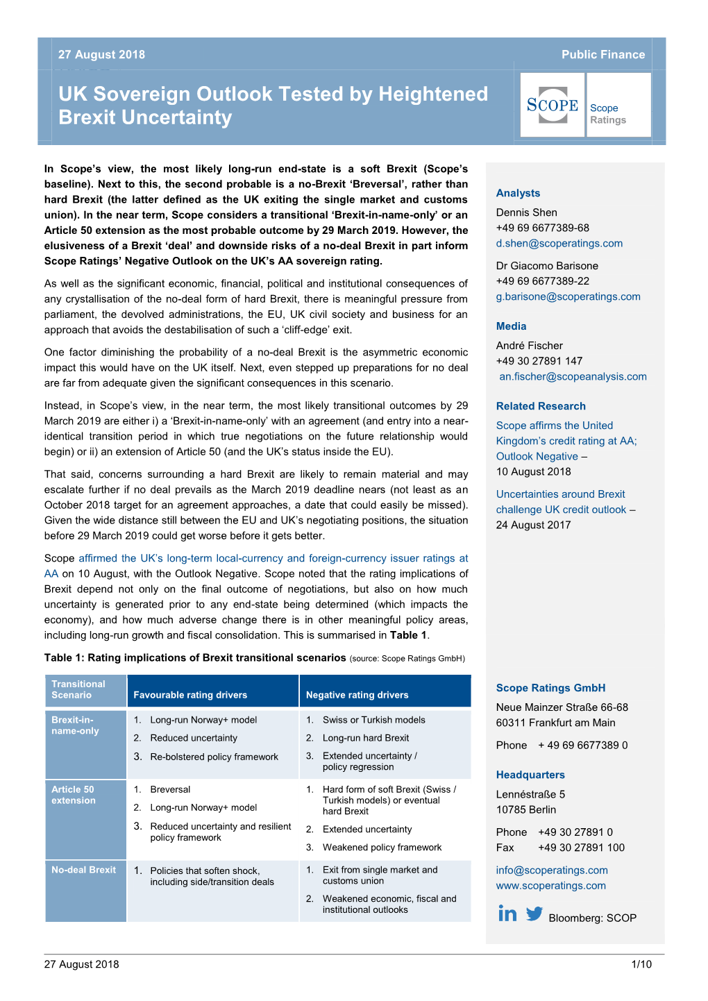 UK Sovereign Outlook Tested by Heightened Brexit Uncertainty