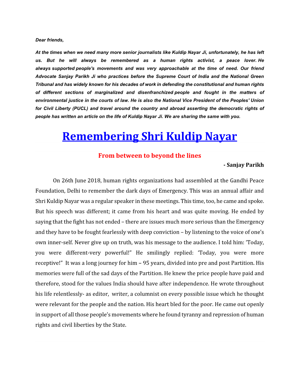 Remembering Shri Kuldip Nayar