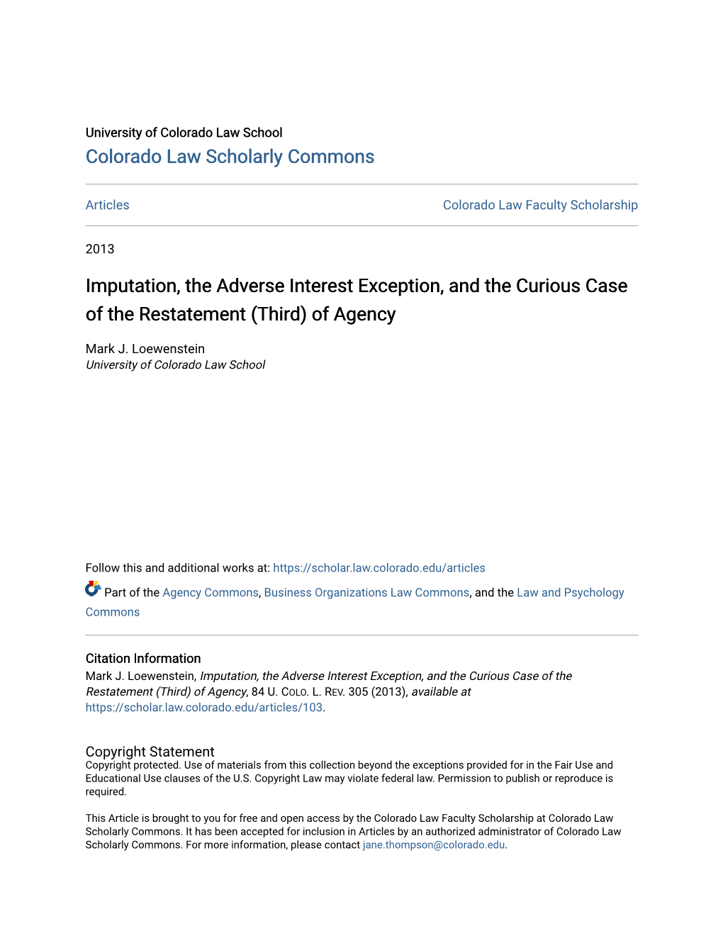 Imputation, the Adverse Interest Exception, and the Curious Case of the Restatement (Third) of Agency