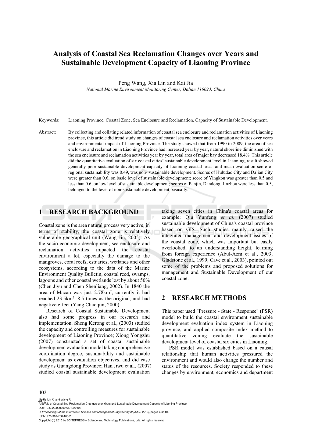 Analysis of Coastal Sea Reclamation Changes Over Years and Sustainable Development Capacity of Liaoning Province