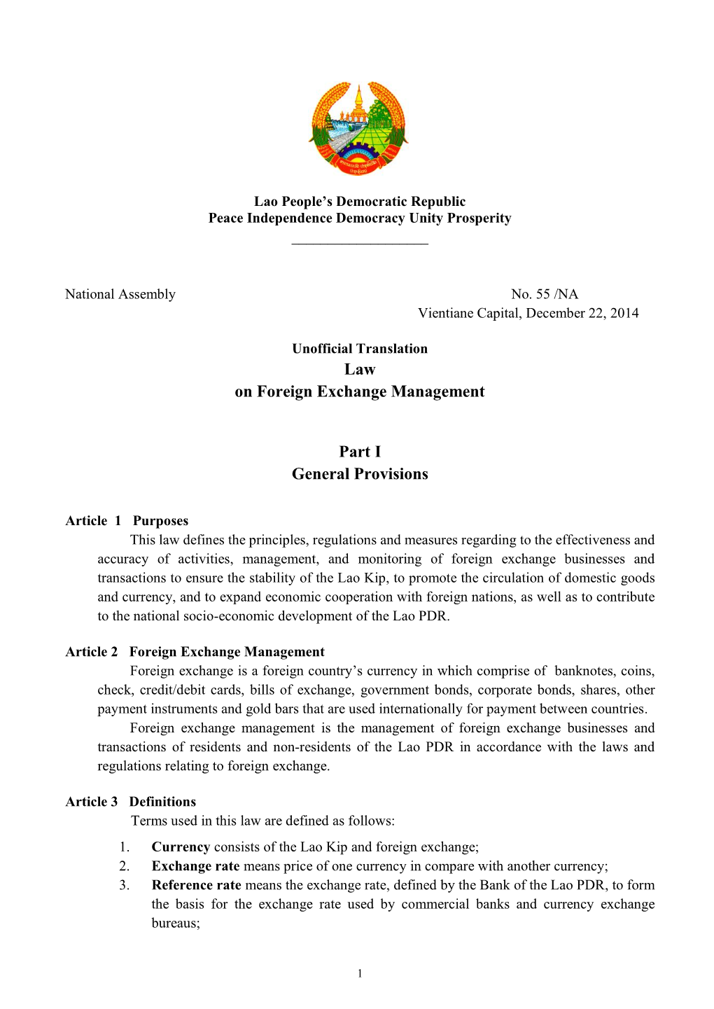 Law on Foreign Exchange Management Part I General Provisions