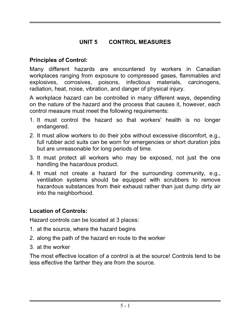 Unit 5	Control Measures