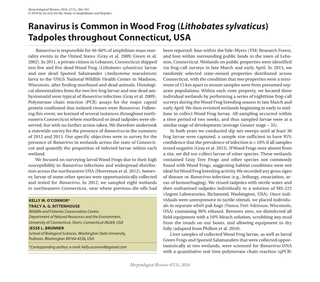 Ranavirus Is Common in Wood Frog (Lithobates Sylvaticus) Tadpoles Throughout Connecticut, USA