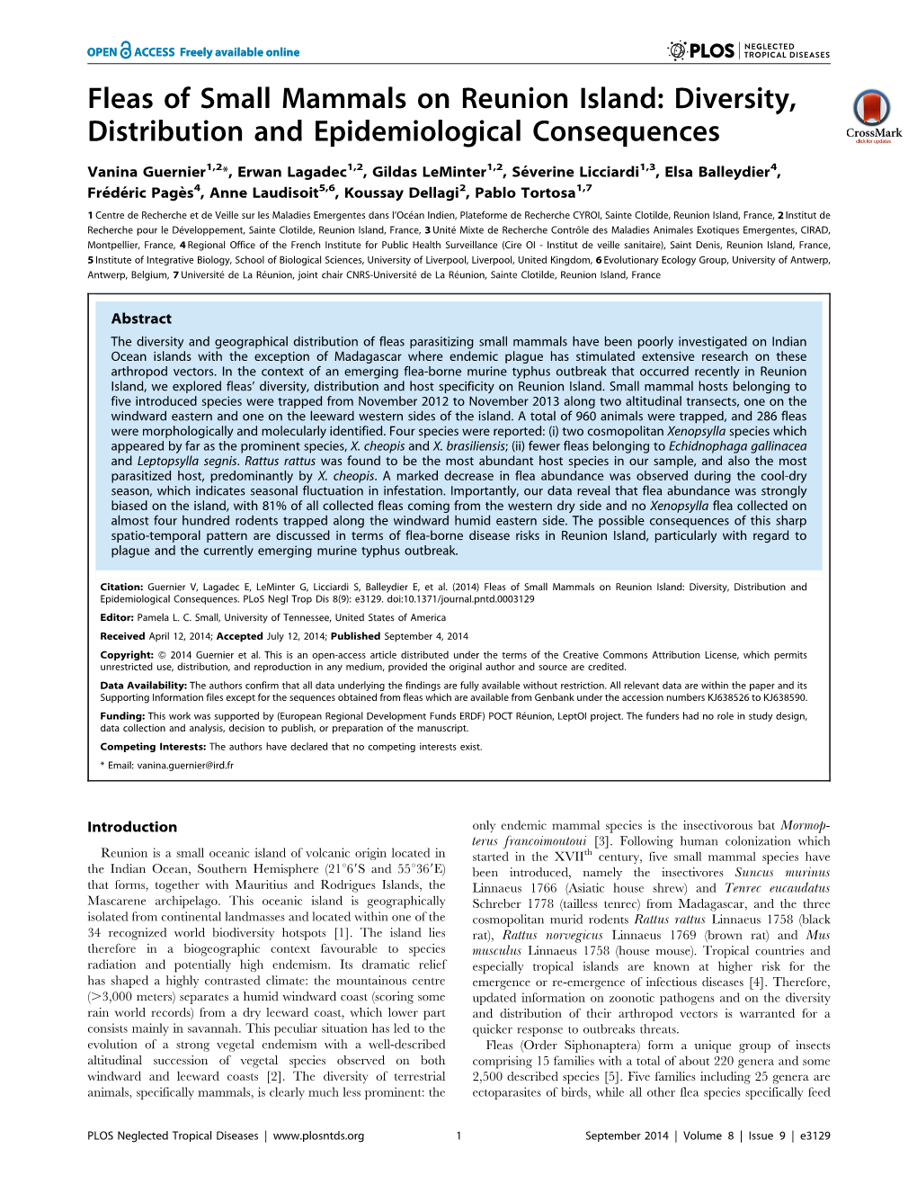 Fleas of Small Mammals on Reunion Island: Diversity, Distribution and Epidemiological Consequences