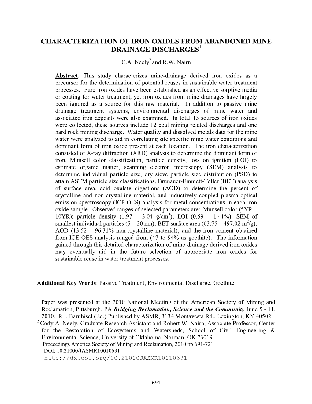 Characterization of Iron Oxides from Abandoned Mine Drainage Discharges1 C.A