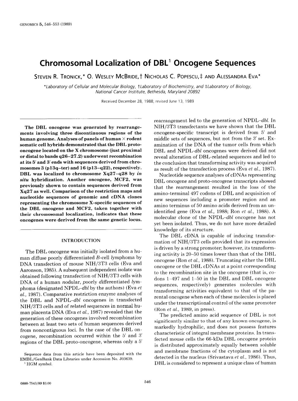 Chromosomal Localization of DBL' Oncogene Sequences