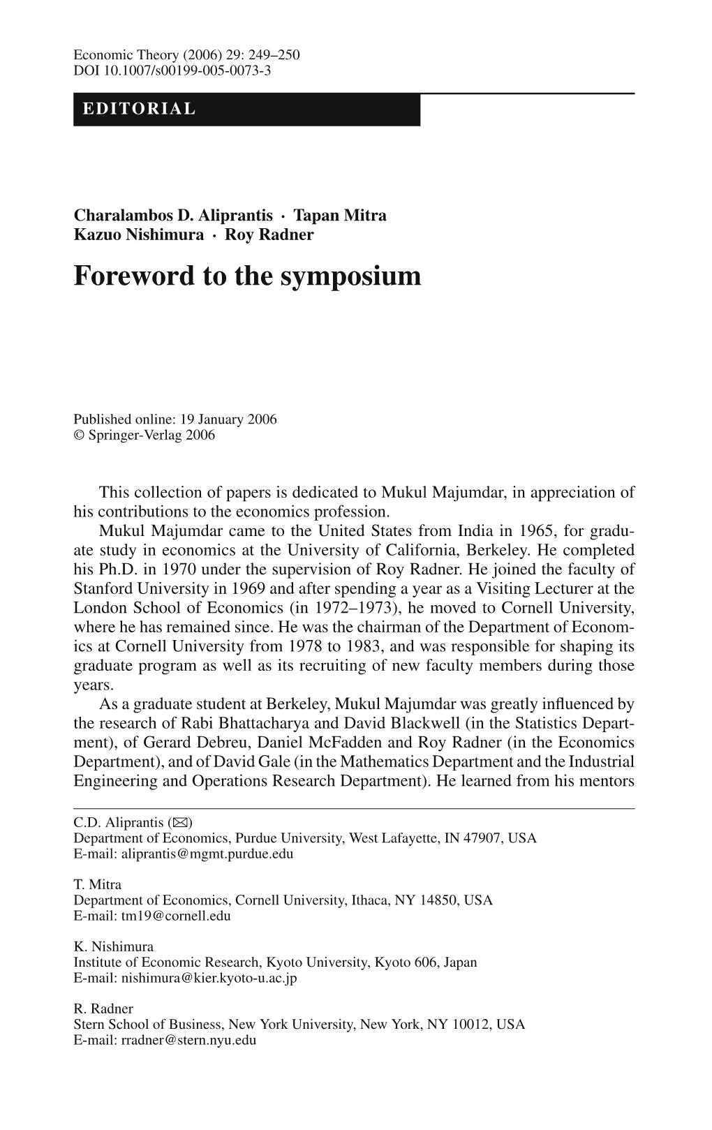 Foreword to the Symposium