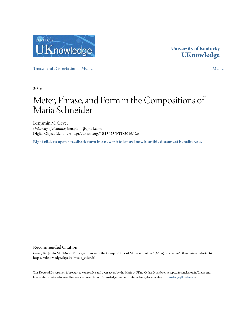 Meter, Phrase, and Form in the Compositions of Maria Schneider Benjamin M