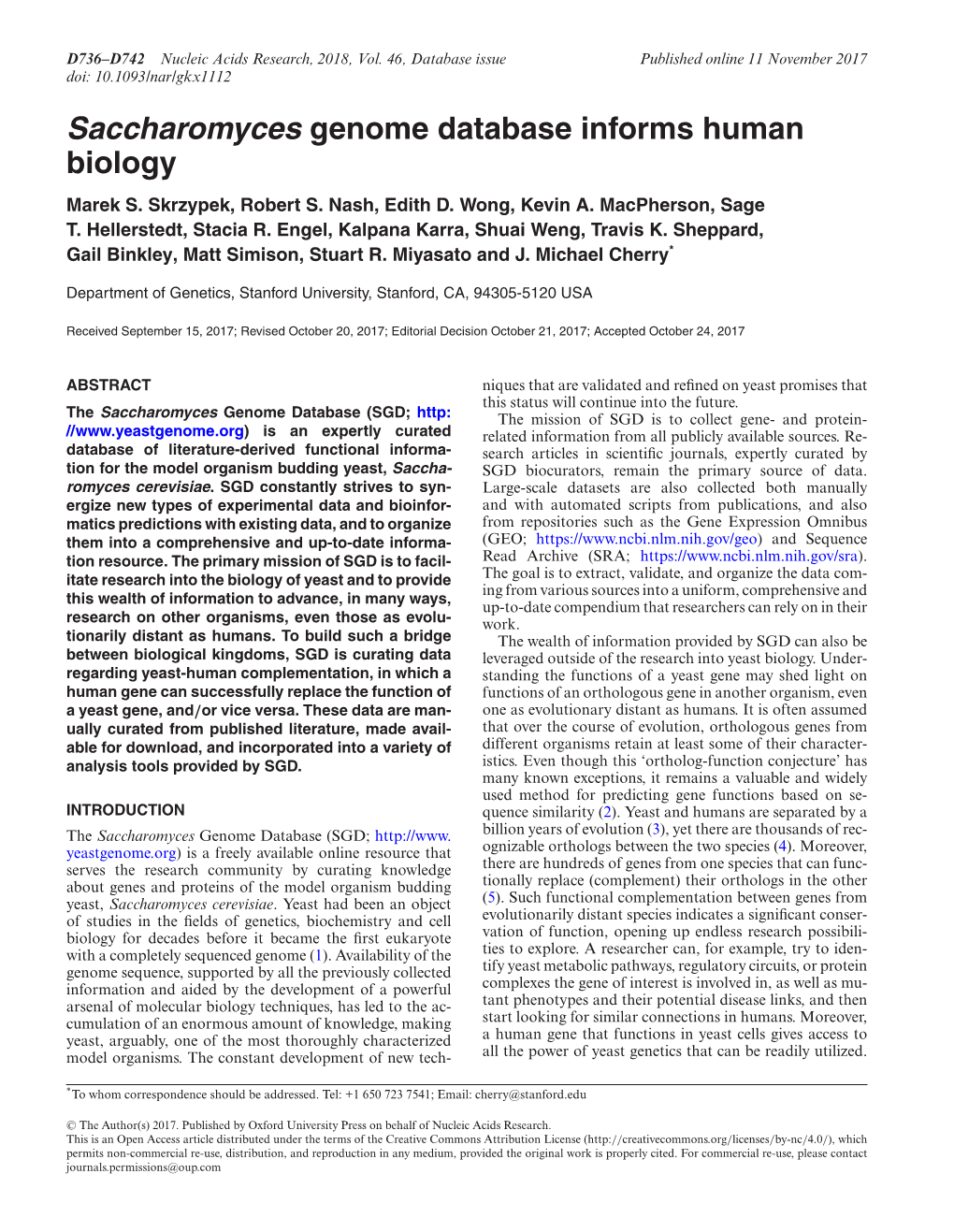 Saccharomyces Genome Database Informs Human Biology Marek S