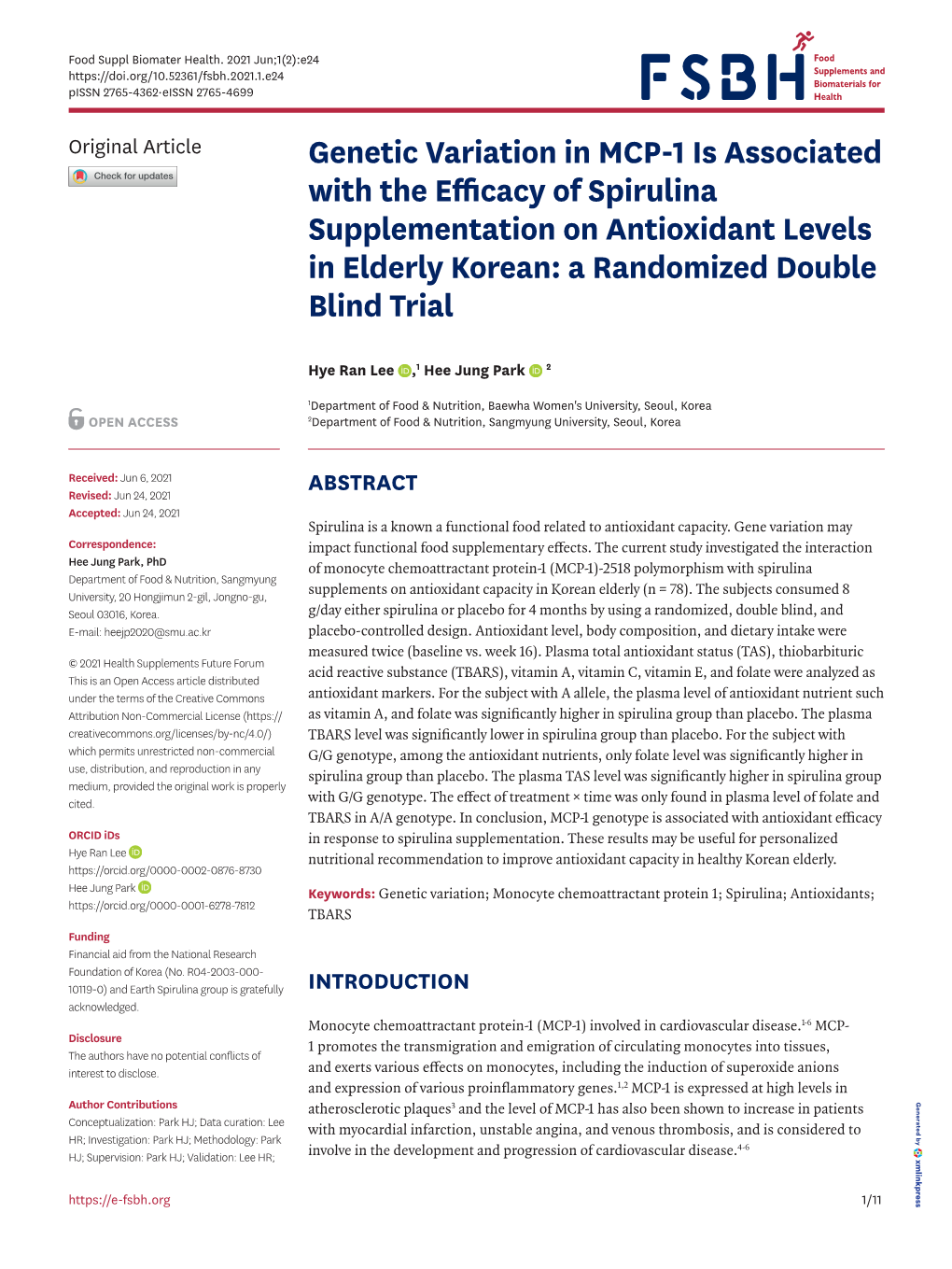 Genetic Variation in MCP-1 Is Associated with the Efficacy of Spirulina Supplementation on Antioxidant Levels in Elderly Korean: a Randomized Double Blind Trial