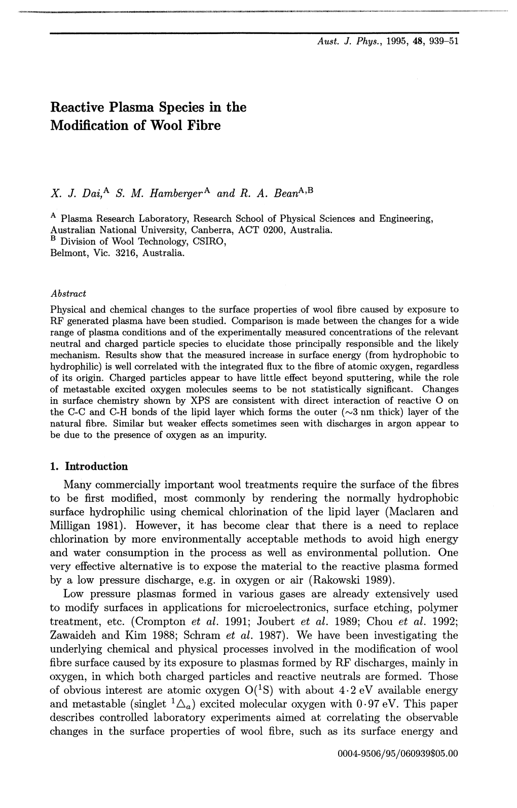 Reactive Plasma Species in the Modification of Wool Fibre